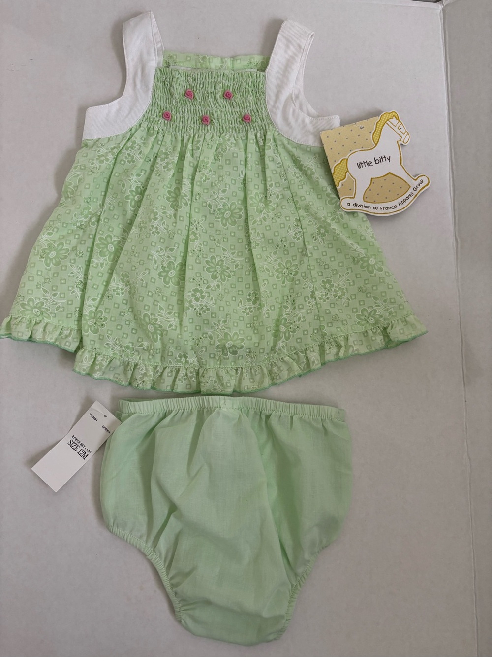 Little Bitty Pale Green Floral Smocked Baby Dress & Bloomers
